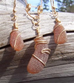 Dark Amber Sea Glass Necklace with Pendant and Earrings