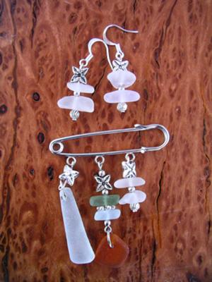Sea Glass Brooch and Earrings