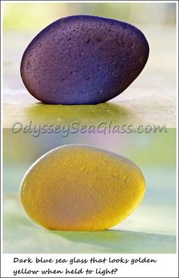 Blue to yellow color change? Compare the same piece of sea glass.